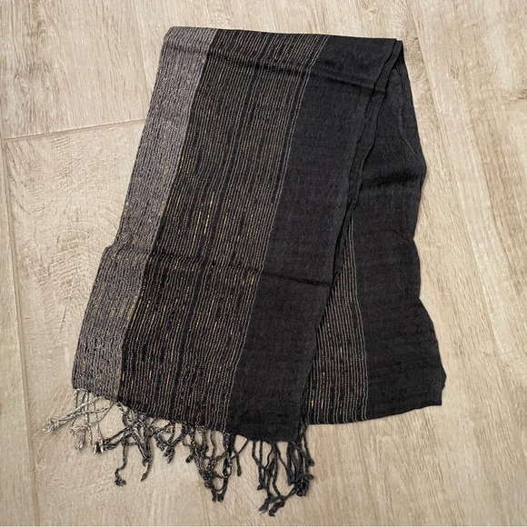 Black, Gray/Silver, & Gold Striped Fringe Scarf - Picture 1 of 3